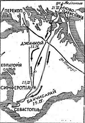 План-схема похода группы П. Ф. Болбочана на Крым в апреле 1918 года