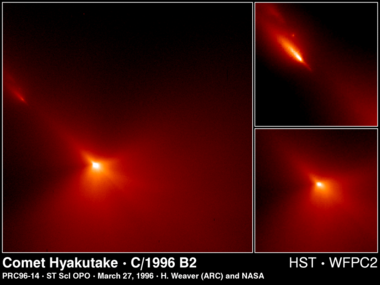 Kawasan sekeliling nukleus komet Hyakutake seperti yang dilihat oleh Teleskop Angkasa Hubble. Sesetengah serpihan boleh dilihat sedang memecah.