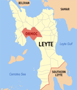 Mapa ng Leyte na ipinakikita ang lokasyon ng Lungsod ng Ormoc.