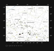 Este gráfico mostra a grande constelação meridional de Centaurus (o Centauro) e mostra a maioria das estrelas visíveis a olho nu em uma noite clara e escura. A localização da estrela mais próxima do Sistema Solar, Proxima Centauri, é marcada com um círculo vermelho. Proxima Centauri é muito fraco para ver a olho nu, mas pode ser encontrado usando um pequeno telescópio.