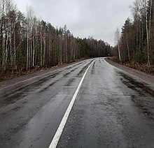 Photographie d'une route asphaltée en Russie prise depuis le centre de la route. La route est entourée d'une forêt avec des arbres perdant leurs feuilles.