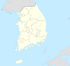 Mapa konturowa Korei Południowej, u góry nieco na lewo znajduje się punkt z opisem „Uijeongbu”