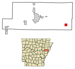 Location of Hughes in St. Francis County, Arkansas.