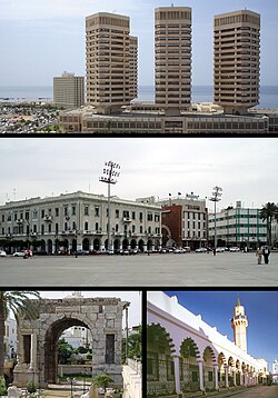 最上：That El Emad Towers（英语：That El Emad Towers）；中间：烈士广场；左下：馬爾庫斯·奧列里烏斯拱门；右下：Souq al-Mushir – Tripoli Medina