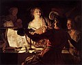 Gerard van Honthorst, Veselá spoločnosť, 1623, používa šerosvit podobne ako Utrecht Caravaggists