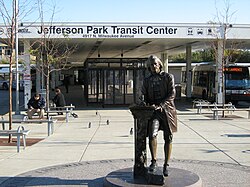 Monument of Thomas Jefferson in front of the Jefferson Park Transit Center