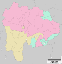 Mapa konturowa prefektury Yamanashi, blisko centrum na lewo znajduje się punkt z opisem „Fujikawa”