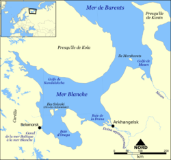 Carte de la mer Blanche avec la baie Onega au sud.