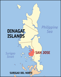 Mapa ng Dinagat Islands na nagpapakita sa lokasyon ng San Jose.