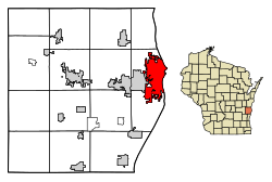 Lega mesta v istoimenskem okrožju (levo) in okrožja v Wisconsinu (desno)