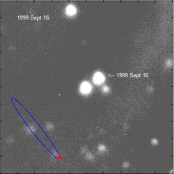ヘール望遠鏡で撮影したVB 10の1999年から2008年までの固有運動。