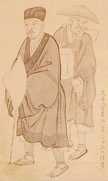 Matsuo Basho (left) accompanied with Kawai Sora (right). Depicted by a Basho disciple painter and poet Morikawa Kyoriku.