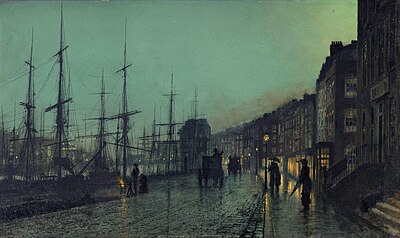 John Atkinson Grimshaw: Shipping on the Clyde. Olieverf op bord, 1881, Glasgow.