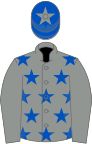 Grey, royal blue stars on body, blue cap, grey star