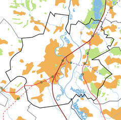 Mapa konturowa Raciborza, blisko centrum po lewej na dole znajduje się punkt z opisem „Racibórz Studzienna”