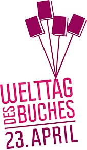 vier stilistische Bücher sind angeordnet wie Luftballons am A des Schriftzuges Welttag des Buches festgemacht