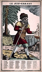 Photographie en couleurs d'une gravure ancienne présentant un personnage coiffé, barbu et vêtu de rouge, marchant en s'appuyant sur son bâton.