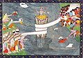 Kurma Avatar of Vishnu, below Mount Mandara, with Vasuki wrapped around it, churning the ocean of milk during Samudra manthan. ca 1870.]]