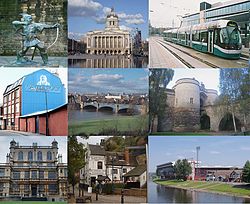 Frå øvst til venstre: Robin Hood, Council House, NET Tram, Castle Rock Brewery, Trent Bridge, Porthuset til slottet, Wollaton Hall, Ye Olde Trip to Jerusalem og Nottingham Forest City Ground