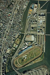 1989年当時の勝島一帯。勝島運河の一部が埋め立てられ、しながわ区民公園ができているのが分かる。国土交通省 国土地理院 地図・空中写真閲覧サービスの空中写真を基に作成