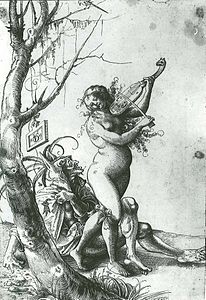 Femme violoniste nue avec un vieux fou de Bâle, gravure sur bois, 1523.