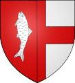 Semipartito di rosso, a due salmoni addossati d'argento, e d'argento, alla croce di rosso[1] (Azoudange, Francia)