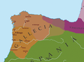 Extensión do reino de Galicia e dos dominios das faccións suevas durante a guerra civil de mediados do século V.