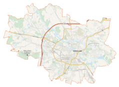 Mapa konturowa Wrocławia, po prawej nieco na dole znajduje się punkt z opisem „Pawilon Czterech Kopuł”