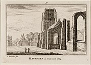 De toren van Ransdorp in 1634 met de ruïne van de kerk, na de verwoesting tijdens de Tachtigjarige oorlog. Prent van Abraham Rademaker.