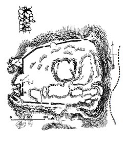 Hjalmar Appelgrenin havainnepiirrustus Nakolinnan varustusten jäänteiden sijainnista sekä muurin perustuskivien asetannasta (a) vuodelta 1891.