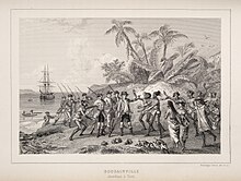 La gravure est une représentation coloniale de la rencontre de l’équipage mené par Louis Antoine de Bougainville avec la population de Tahiti. Sont représentés face à face les deux peuples avec à gauche les navigateurs armés, émergeant des eaux et à droite, des tahitiens demi-vêtus s'approchant des nouveaux arrivants.