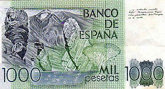 Antiguo billete de mil pesetas en el que se aprecia el Teide y el Roque Cinchado.