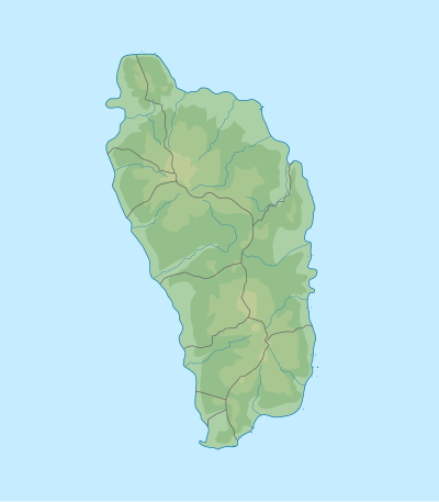 Mapa konturowa Dominiki, na dole nieco na prawo znajduje się punkt z opisem „Park Narodowy Morne Trois Pitons”