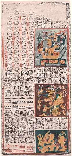 Page 49 du Codex de Dresde : manuscrit maya de la région de Chichén Itzá, vers 1200-1250. Sächsische Landesbibliothek de Dresde, Mscr.Dresd.R.310