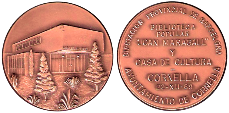 Moneda commemorativa encunyada amb motiu de la inauguració de l'edifici de la Biblioteca Popular "Joan Maragall" i de la Casa de Cultura, l'any 1969