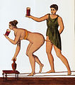 Drawing by César Famin of a Roman fresco from the Osteria della Via di Mercurio in Pompeii.[25] It is thought that the fresco showed the two people above two lines and these two lines were shadows.[25] It is thought that in this drawing the two lines have been drawn as tightropes that the two people are balancing on.[25] The fresco has since been destroyed. This drawing is dated to 1827.[25][26]