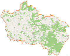 Mapa konturowa powiatu siemiatyckiego, blisko centrum na dole znajduje się punkt z opisem „Siemiatycze”
