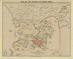 1842年割香港島（紅色），1860年割九龍半島（紅色），1898年租借新界（紅框內）