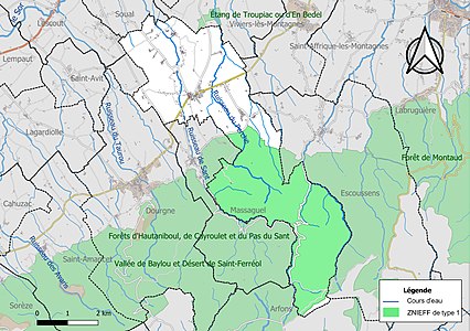 Carte des ZNIEFF de type 1 sur la commune.