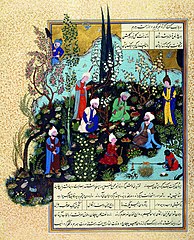 Firdausi/Ferdowsi and the three Ghaznavid court poets. From the Shahnameh.