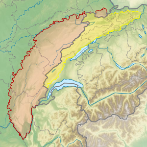 Topografski zemljovid podjele na Švicarsku i Francusku Juru : ██ Francuska Jura ██ Švicarska Jura