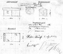 feuille carrée avec trois dessins d'un petit garage, des tampons et des signatures.