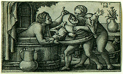 Hans Sebald Beham, De nar en twee badende vrouwen. (1541)