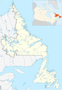 Mapa konturowa Nowej Fundlandii i Labradoru, na dole po prawej znajduje się punkt z opisem „Grand Falls-Windsor”