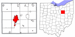 Location of Wooster in Wayne County and state of Ohio