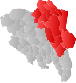 Map of Innlandet county with Østerdalen highlighted in red