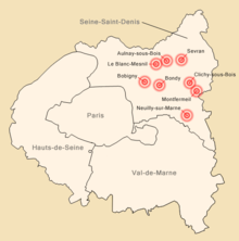 Une carte situant les émeutes urbaines en région parisienne au premier novembre 2005