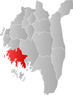 Mapa do condado de Østfold com Fredrikstad em destaque.