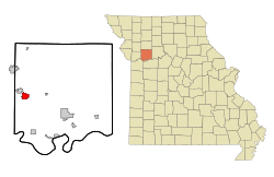 伍德海茨在雷縣及密蘇里州的位置（以紅色標示）