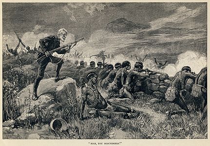 Maiwa's Revenge at Allan Quatermain, by Thure de Thulstrup (edited by Adam Cuerden)